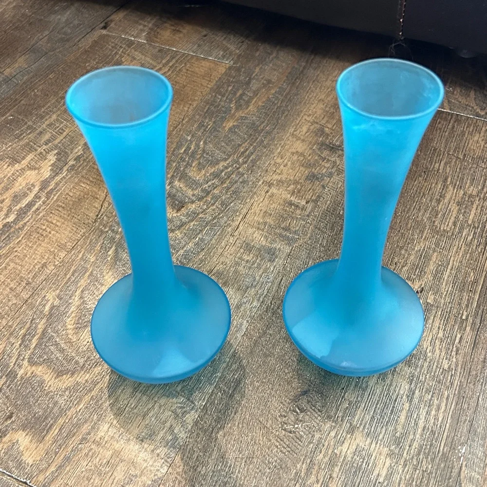 Set of 2 Satin Blue Bud Glass Vases Made in Japan‎ Mid Century Modern